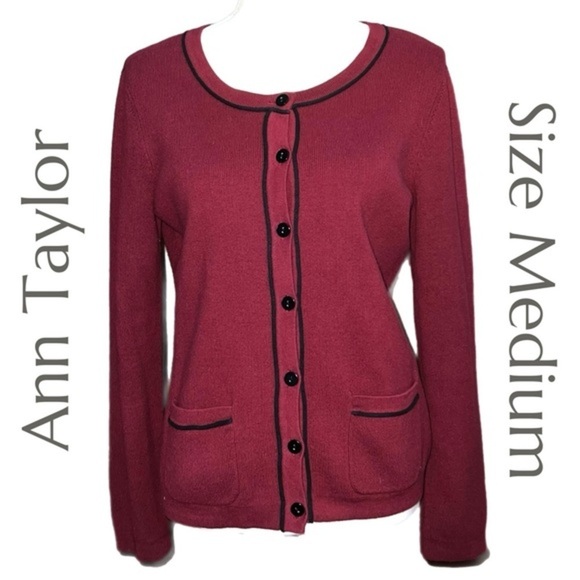 Ann Taylor - Burgundy Cardigan Sweater - Trim Detail Front Pockets - Size Medium - Picture 2 of 7